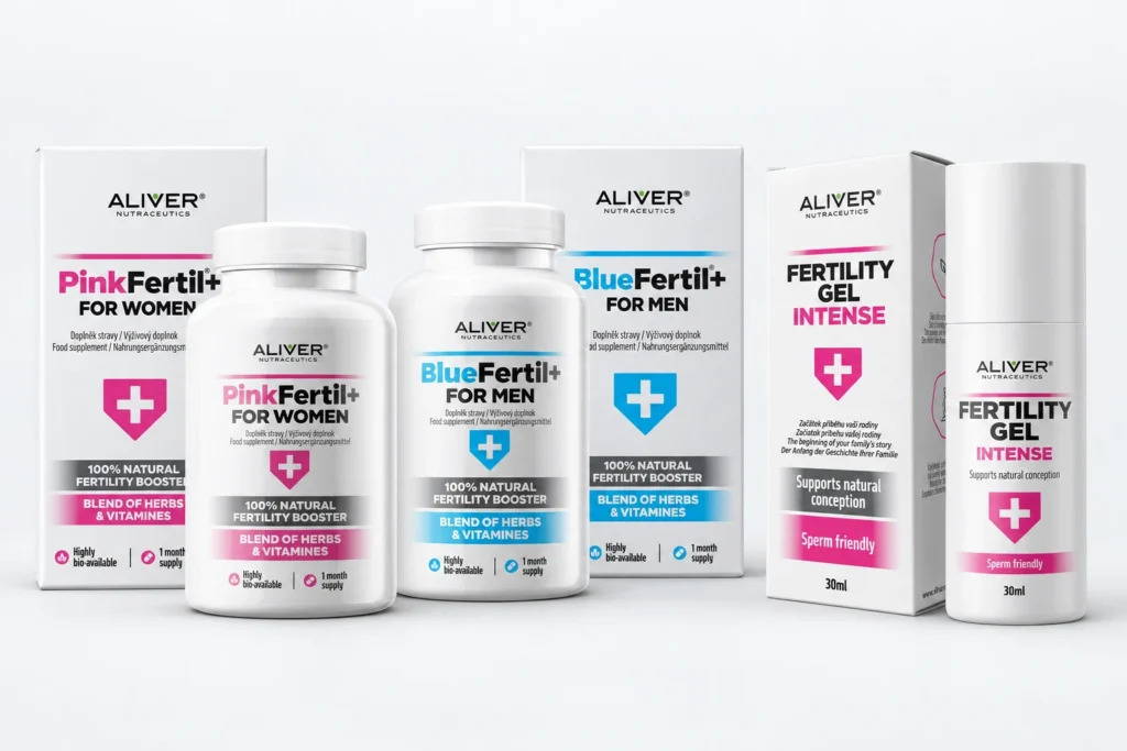 Balení doplňků stravy PinkFertil plus a BlueFertil plus a lubrikačního gelu Fertility Gel Intense