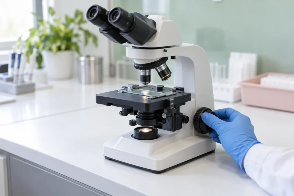 Ruka v modré rukavici nastavuje mikroskop s podložním sklíčkem na bílé laboratorní pracovní ploše.