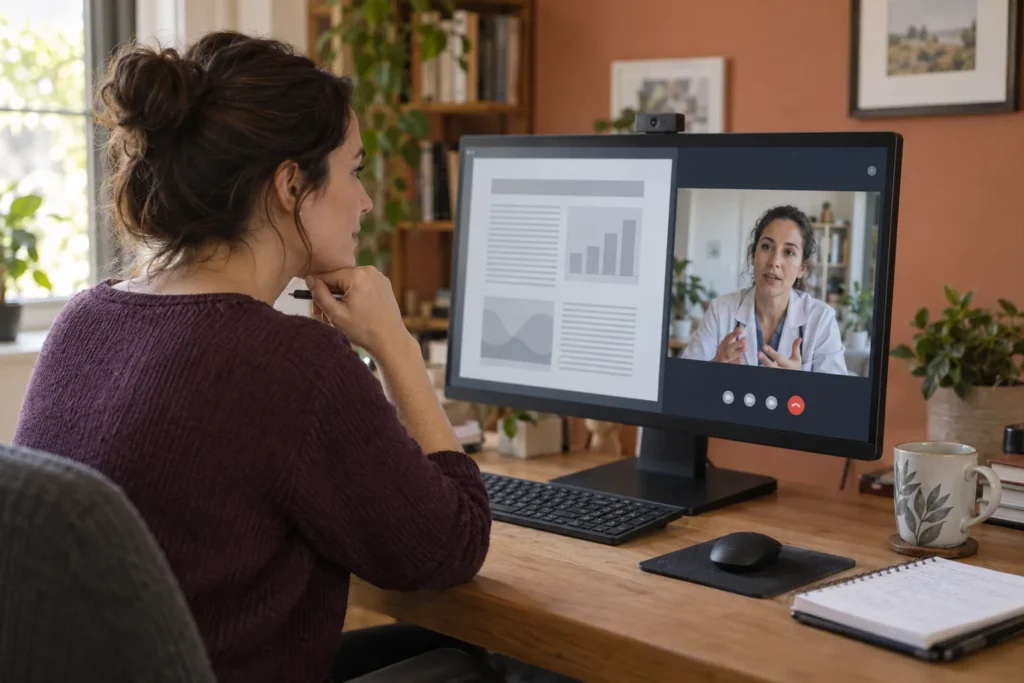 Žena doma sleduje na monitoru videohovor s lékařkou vedle schematicky zobrazeného dokumentu.